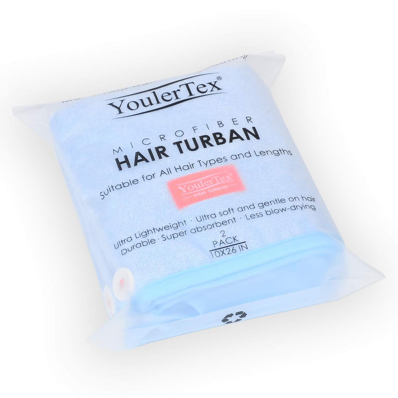 YoulerTex Microfiber Hair Towel Wrap for Women, 2 Pack 10 inch X 26 inch, Super Absorbent Quick Dry Hair Turban for Drying Curly, Long & Thick Hair (Blue) … Blue