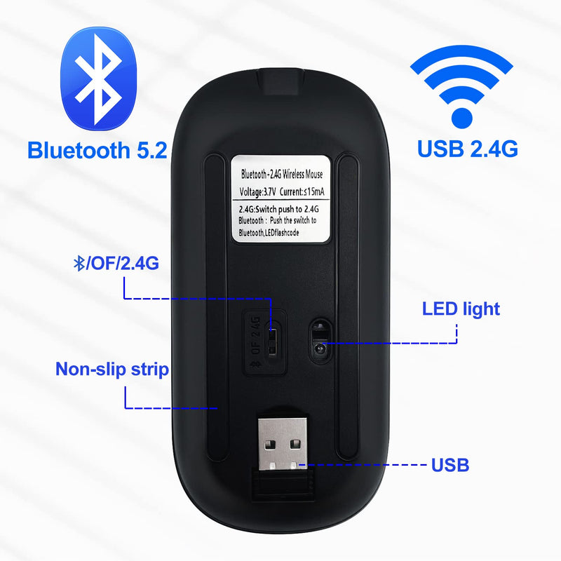 Wireless Bluetooth Mouse for iPad/MacBook Pro/Air /Laptop/pc Rechargeable Silent Mouse Portable Slim for Surface Pro/Lenovo/ Samsung Tablet (Black) Black