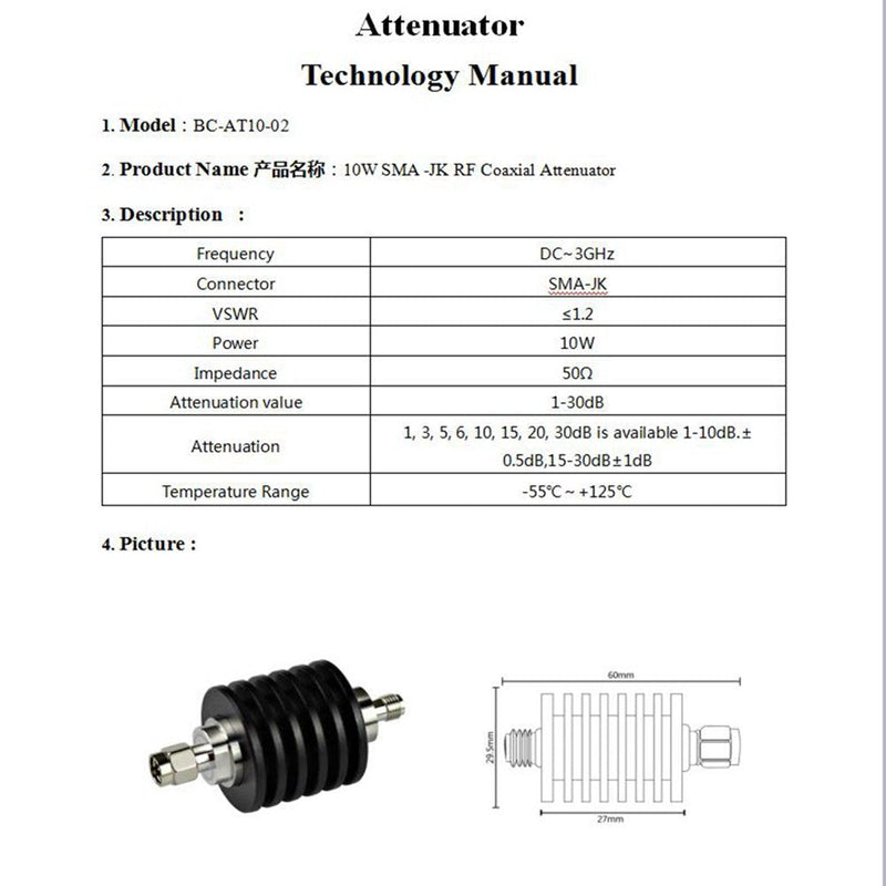 BECEN 10W SMA RF attenuator,DC to 3GHz,10db 10db