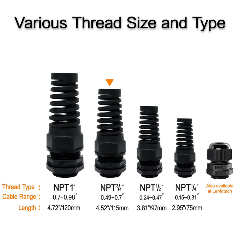 LeMotech 2Pcs NPT 3/4" IP68 Waterproof Cable Gland Flex Spiral Strain Relief Black Nylon Joint with Gaskets for 13-18mm Wire Thread NPT 3/4" (2-Pack)