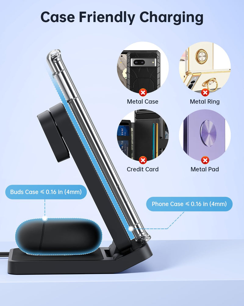 Houflody 3 in 1 Foldable Wireless Charging Station for Google Pixel Watch, Pixel Buds Pro and Google Phones Fold/7 Pro/7a/7/6 Pro/6/5/4/3/XL, Wireless Charger with QC 18W Adapter, Black