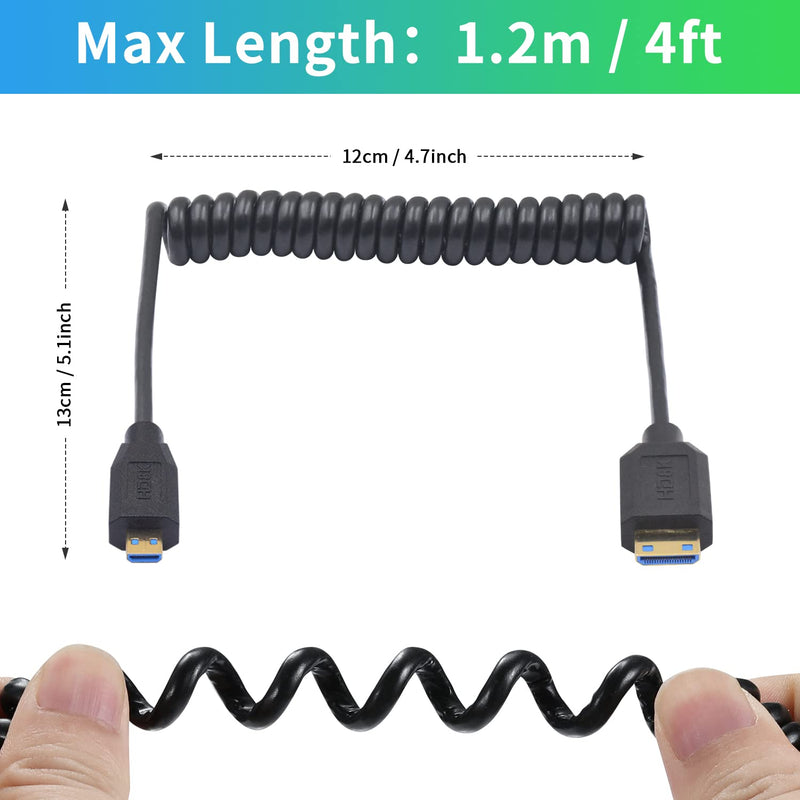 Duttek 8K Micro HDMI to Mini HDMI 2.1 Coiled Cable, 48Gbps Extreme Thin Mini HDMI Male to Micro HDMI Male Cable Support Dynamic HDR for Cameras Camcorder DC 4FT/1.2M