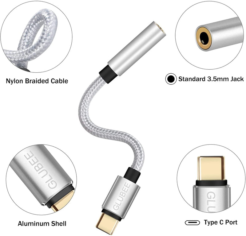 GLUBEE USB C to 3.5MM Headphone Jack Adapter, USB C to Audio, USB Type-C to 3.5MM Adapter Braided Nylon Cable DAC Adapter Compatible with Most USB-C Smart Phones 1 pcs