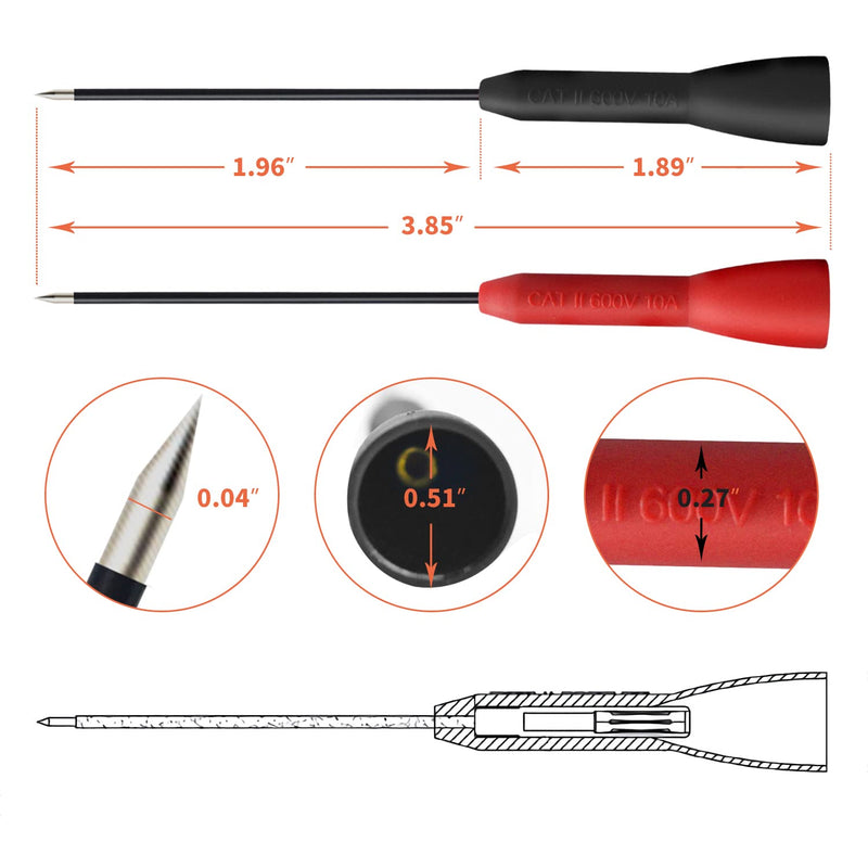 4 Pack 2mm Extended Needle Test Probes, 600V/10A Non-Destructive Multimeter Test Probe for Fluke Leads tl71 tl75 4pcs