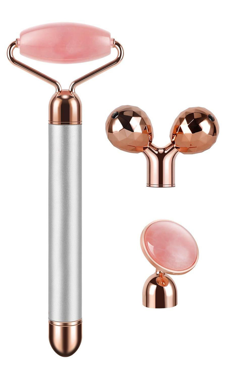 3-IN-1 Electric Jade Roller Vibrating Facial Roller & Face Massager, Rose Quartz Rose Silver