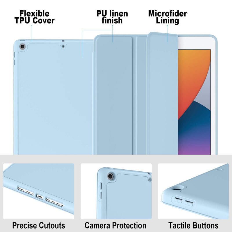 Akkerds Case Compatible with iPad 10.2 2020 iPad 8th Gen/2019 iPad 7th Gen with Pencil Holder, Protective Case with Soft TPU Back, Auto Sleep/Wake Cover Compatible for iPad 8th/7th Gen, Sky Blue