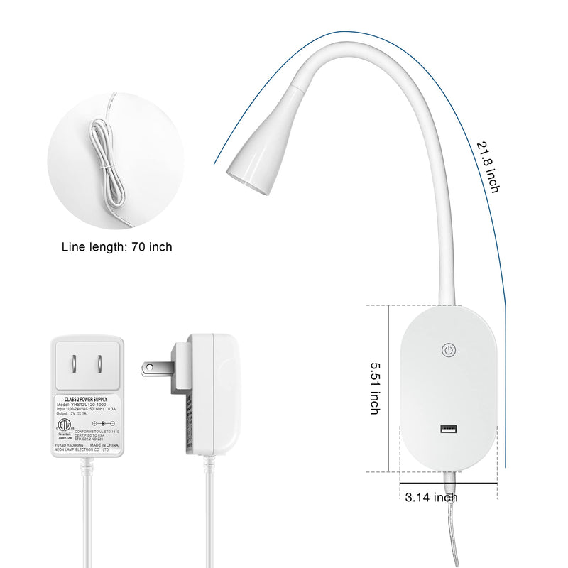Wall Reading Light for Books in Bed, USB Output Headboard Wall Lamp,5 Dimmable Touch Control Reading Lamp,3000k LED Warm Light, Easy to Install（White） White-3000k-1 Pack