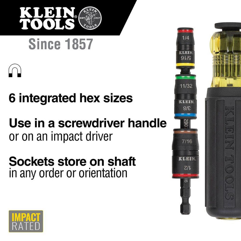Impact Driver, 7-in-1 Impact Flip Socket Set with Handle, 6 Hex Driver Sizes plus a 1/4-Inch Bit Holder Klein Tools 32900