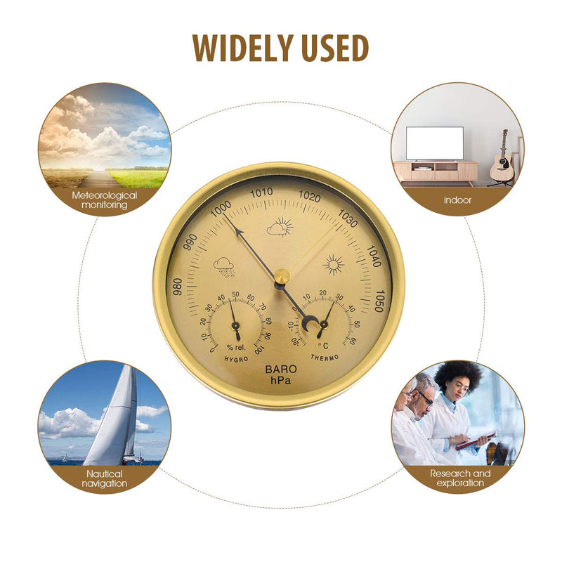 Yardwe Precision Aneroid 3 in 1 Barometer Weather Station Barometer Thermometer Hygrometer for Indoor and Outdoor Use with Stainless Steel Frame (Yellow)