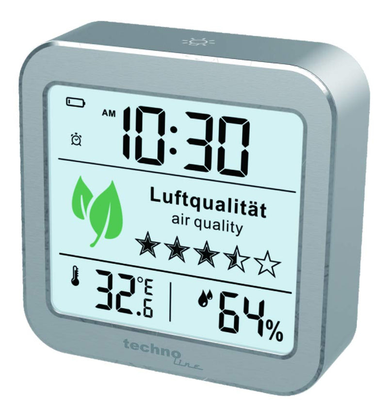 technoline WL1020 air quality monitor for monitoring indoor air quality, successor to the WL1005, temperature display, humidity display, alarm for poor air quality, silver, white single