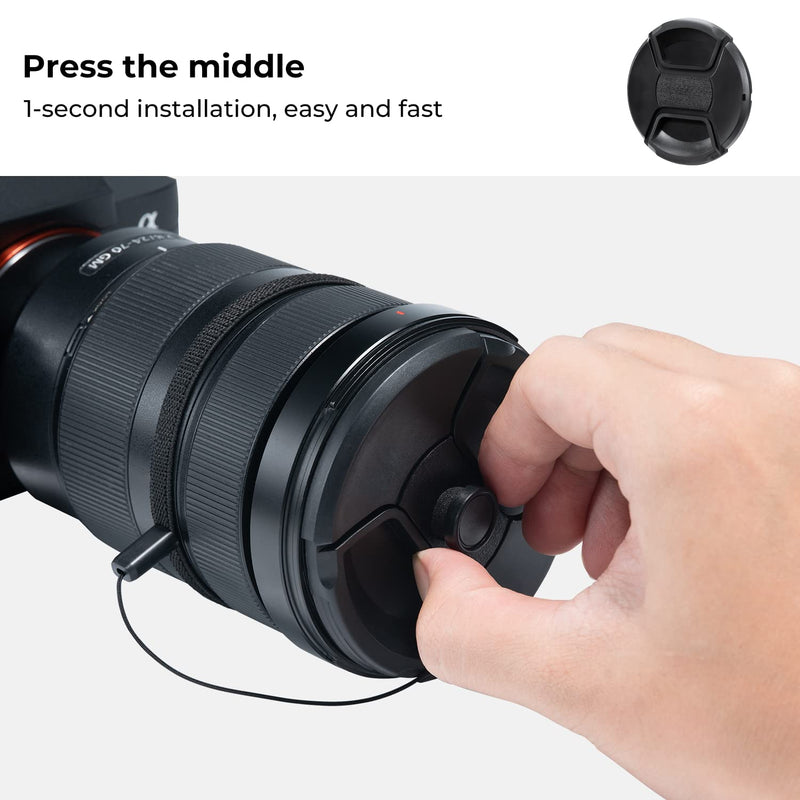 K&F Concept 82mm Lens Cap Cover, 4-in-1 Center Pinch Lens Cover + Anti-Loss Keeper Leash + Microfiber Cleaning Cloth Kits Compatible with Nikon, Canon, Sony, Fujifilm Camera Lenses