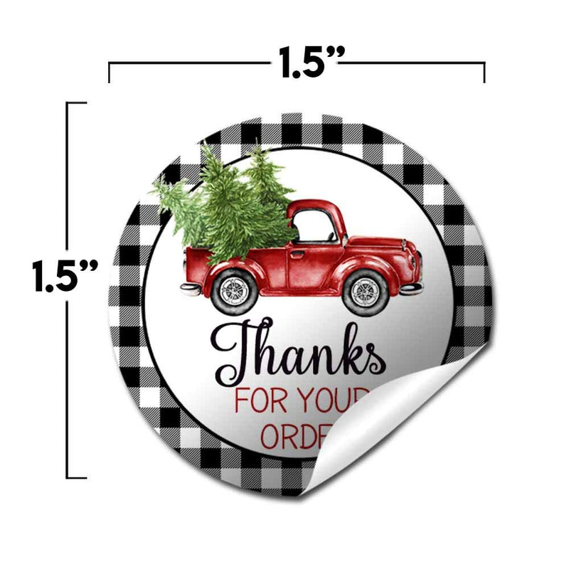 Black Buffalo Plaid & Red Truck Christmas Thank You Customer Appreciation Sticker Labels for Small Businesses, 60 1.5" Circle Stickers by AmandaCreation, for Envelopes, Postcards, Direct Mail, More!
