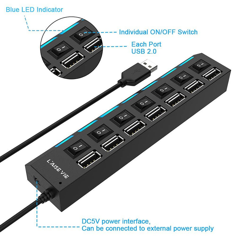 Multi Port USB Splitter, 7 in 1 USB 2.0 Hub with High Speed Individual ON/Off Switches with LEDs