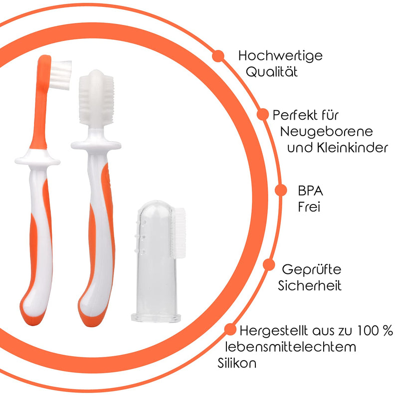3 Piece Baby Toothbrush Set by Cherish Baby Care - with Infant Finger Toothbrush - Silicone Toothbrush & Toddler Toothbrush - Perfect Babys First Toothbrush Set (Orange) 3 Piece Set Orange