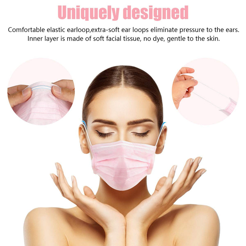Wecolor 100 Pcs Disposable 3 Ply Earloop Face Masks, Suitable for Home, School, Office and Outdoors (Pink) 100 Count (Pack of 1) Pink
