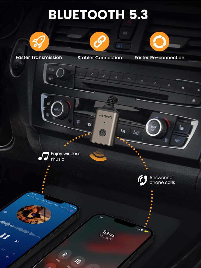 MaedHawk Aux Bluetooth Adapter for Car, Portable Bluetooth 5.3 Car Adapter, Rotatable 3.5mm Bluetooth Wireless Audio Receiver for Car/Home Stereo/Speaker/Wired Headphones, Hands-Free Calls
