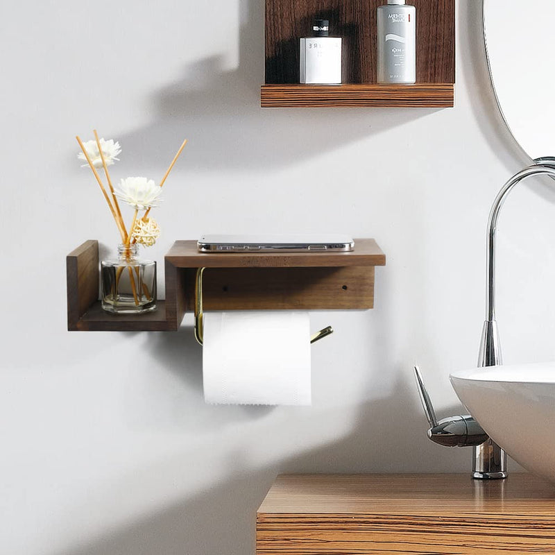 CRAFT KITTIES Toilet Roll Holder with Phone Shelf, Toilet Paper Holder for Bathroom, Wall Mounted Toilet Paper Roll Holder, Wooden Toilet Paper Holder, Toilet Paper Storage Black Walnut