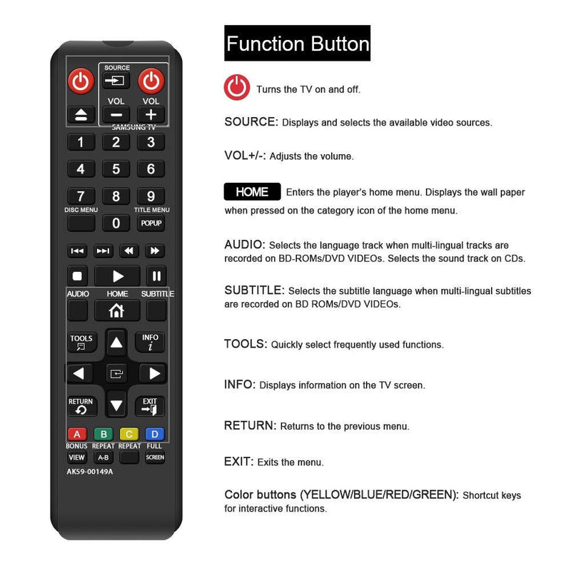 Gvirtue AK59-00149A Remote Replacement for Samsung DVD BD Blu-Ray Disc Player Remote, Applicable BDF5100/ZA BD-ES5300 BD-FM51 BD-FM57C BD-H5100 BD-H5900 BD-HM51 BD-HM59 BD-J5100 BD-J5700 BD-J5900