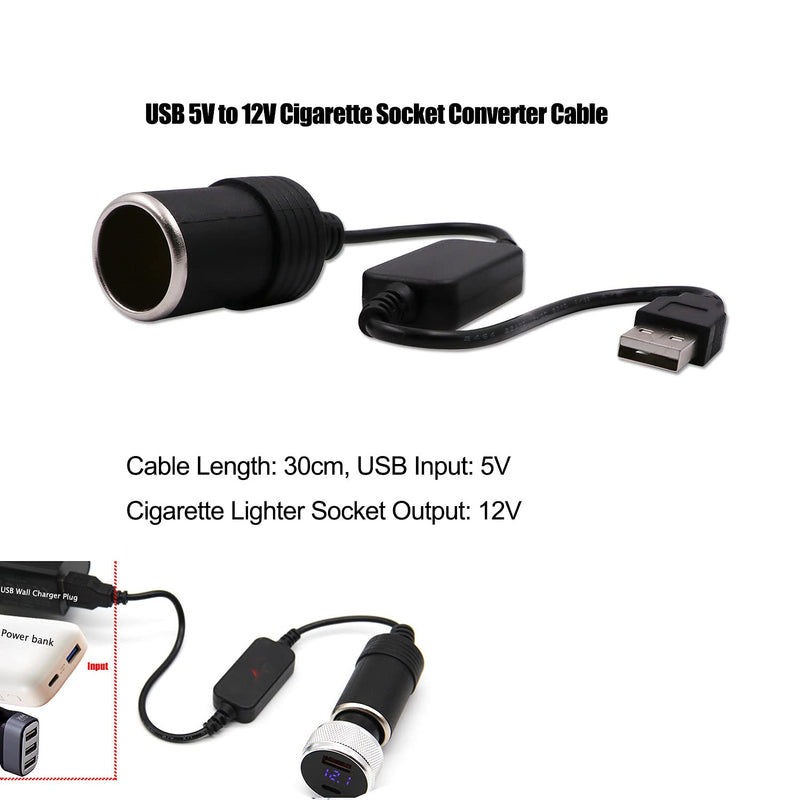 WYMECT USB A Male to 12V Car Cigarette Lighter Socket Female Converter Cable (8W Max) Black