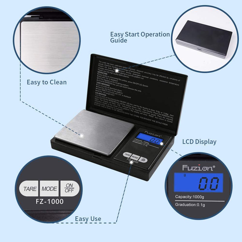 Fuzion Digital Pocket Scale 1000g/0.1g, Small Digital Scales Grams and Ounces, Herb Scale, Jewelry Scale, Portable Travel Food Scale( Battery Included ) Black 1000g × 0.1g