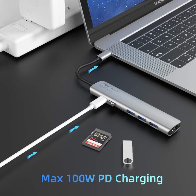 WALNEW USB C Hub, MacBook Pro USB C Adapter, 7-in-1 Type C Hub with 4K USB-C to HDMI, 3 USB 3.0 Ports, SD/TF Card Reader, 100W PD Dock for iPad Pro/ MacBook Pro/Air(Thunderbolt 3)/ Type C Devices Silver
