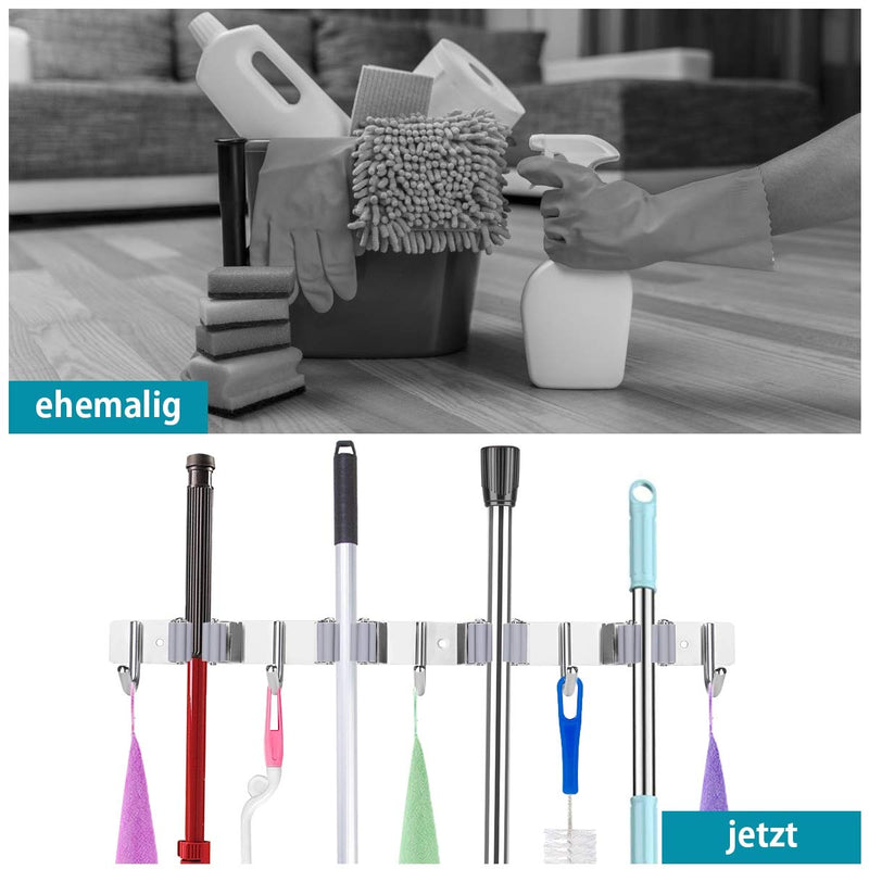 SHYOSUCCE stainless steel broom holder, broom holder wall with 4 slots and 5 hooks, device holder wall mount for kitchen, bathroom, garage and garden, gray 44cm
