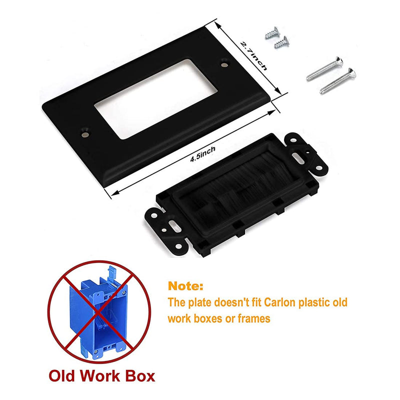 Single Brush Wall Plate(Black/2Pack),Cable Pass Through Insert for Wires,Brush Bristles Style Strap Opening Port Insert Socket,Works Great with Speaker Coaxial HDMI Network or Phone Cables 2 Black