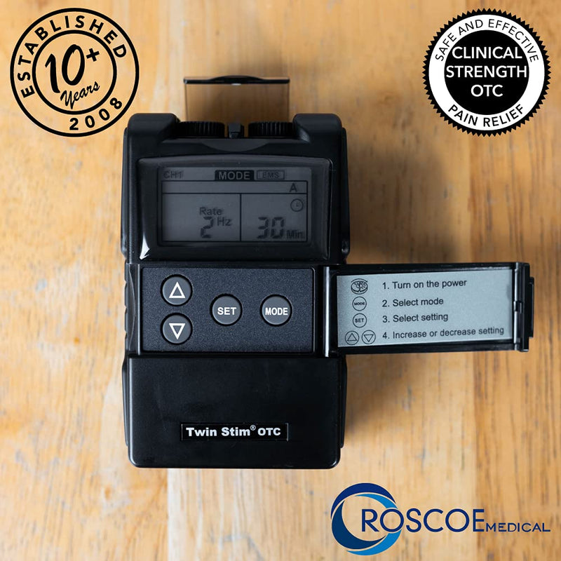 Roscoe Medical TENS Unit and EMS Muscle Stimulator - OTC TENS Machine for Back Pain Relief, Lower Back Pain Relief, Neck Pain, or Sciatica Pain Relief, Clinical Strength Stim Machine