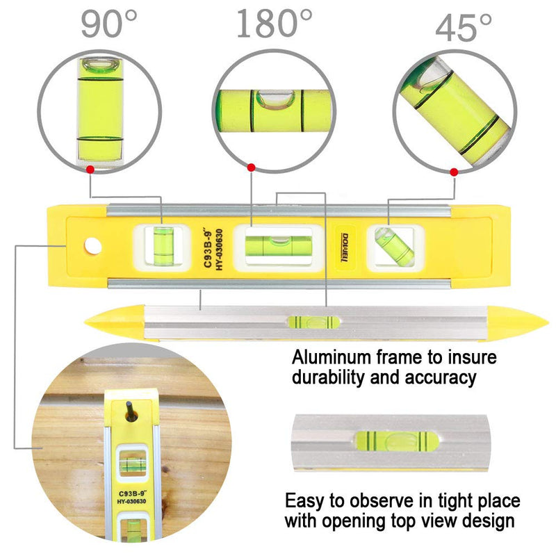DOWELL spirit level 23 cm with magnet system, small torpedo spirit level with 45°/90°/180° spirit levels, shockproof spirit levels - professional measuring tools, colorless