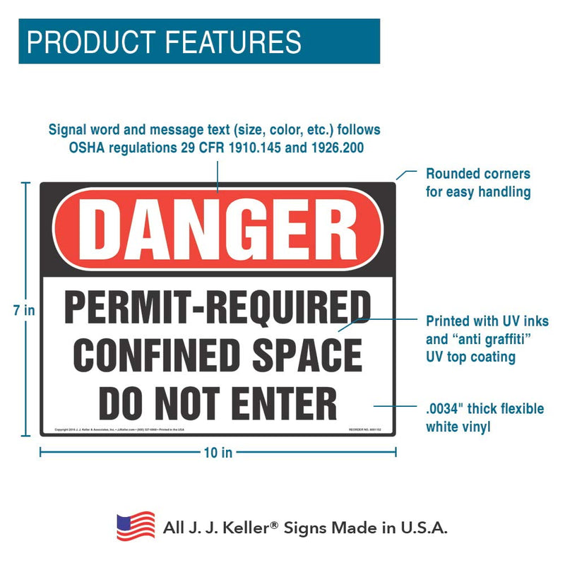 Danger: Permit-Required Confined Space, Do Not Enter Sign 5-pk. - J. J. Keller & Associates - 10" x 7" Permanent Self Adhesive Vinyl with Rounded Corners - Complies with OSHA 29 CFR 1910.145, 1926.200