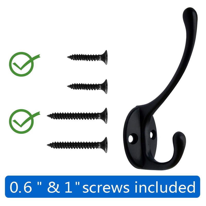 10 Pack Heavy Duty Dual Coat Hooks Wall Mounted with 40 Screws Retro Double Hooks Utility Black No Rust Hooks for Coat, Scarf, Bag, Towel, Key, Cap, Cup, Hat (Black)