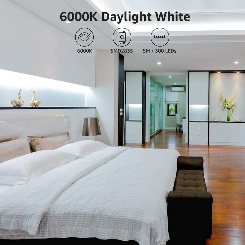 LE 12V LED Strip Light, Flexible, SMD 2835, 16.4ft Tape Light for Home, Kitchen, Party, Christmas and More, Non-Waterproof, Daylight White(Not Include Power Adapter) 16.4 ft