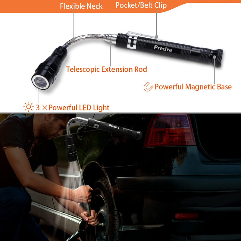 Preciva 5PCS Magnetic Telescoping Pick-up Tool Kit with 15lb and 1lb Pick Up Rod, Round and Square 360 Swivel Adjustable Inspection Mirror and Telescoping Flexible LED Flashlight (Batteries Included)