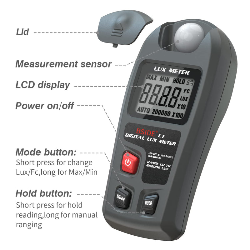 BSIDE Digital Light Meter Lux Tester Illuminance Luxmeter, 0-200,000 Lux Portable Environment Luminometer Photometer for Garden Film Indoor Classroom Plants LED Grow Light Photography