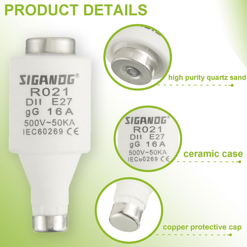 SIGANDG 16A DII E27 R021 Spiral Ceramic Fuses gG Diazed Fuse Inserts 500VAC for Cable and Line Protection (Pack of 10)