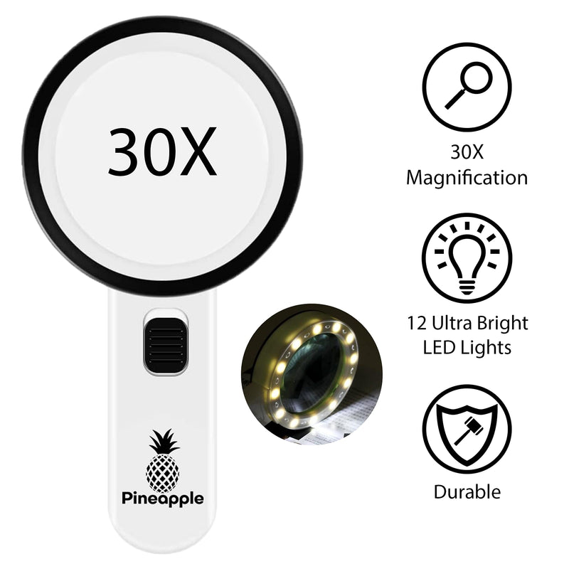 Pineapple LLC Magnifying Glass with Light, 30X Handheld Large Magnifying Glass, Lighted Magnifier with 12 LED Lights for Reading, Macular Degeneration, Seniors, Gifts for Elderly, White