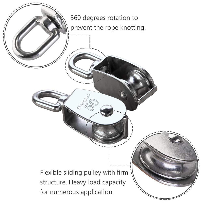 Rocaris 4 Pack M50 Lifting Single Pulley Roller Loading 880Ibs, 304 Stainless Steel Heavy Duty Single Wheel Swivel Lifting Rope Pulley Block
