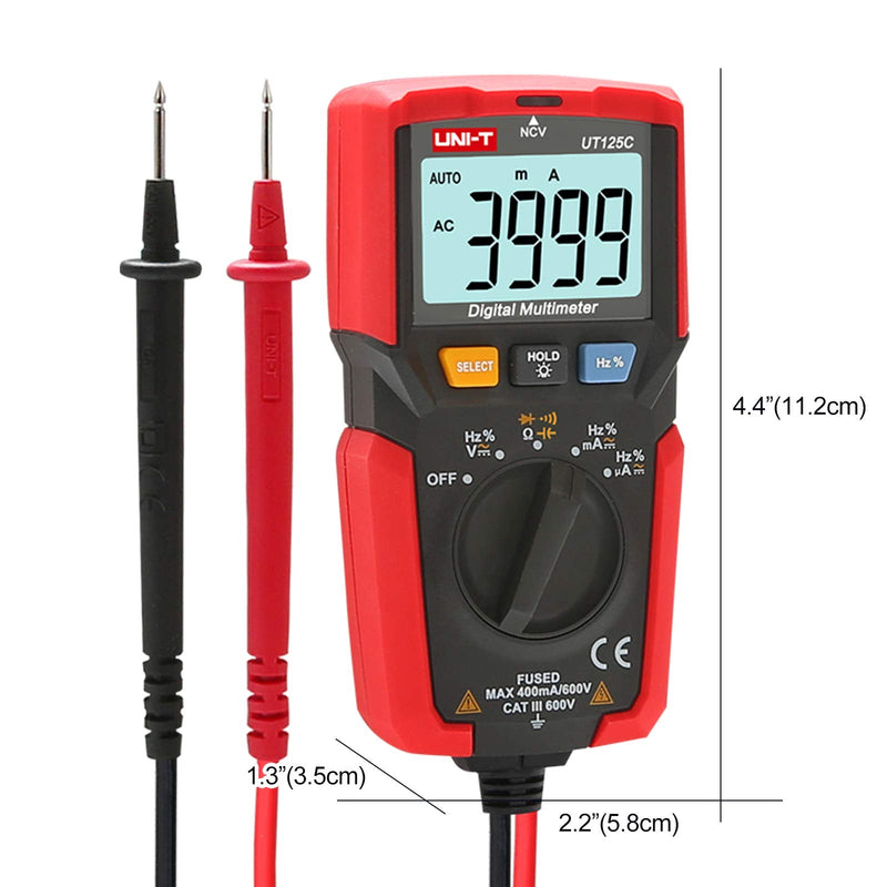 UNI-T UT125C Digital Multimeter Pocket Multi Tester, 4000 Counts AC DC Voltage AC DC Current Resistance Capacitance Frequency Duty Cycle NCV Diode Test Continuity Test Data Hold Auto Power off