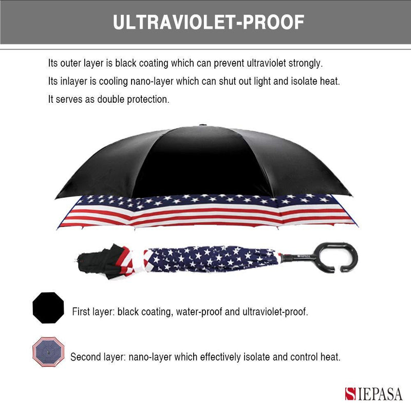 Spar. Saa Double Layer Inverted Umbrella with C-Shaped Handle, Anti-UV Waterproof Windproof Straight Umbrella for Car Rain Outdoor Use American Flag
