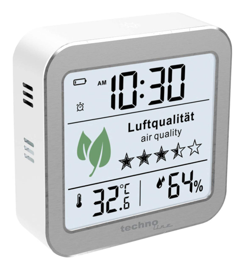 technoline WL1020 air quality monitor for monitoring indoor air quality, successor to the WL1005, temperature display, humidity display, alarm for poor air quality, silver, white single