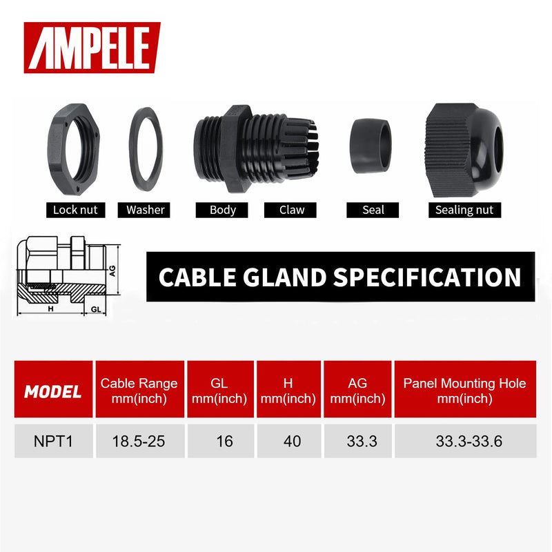 AMPELE 2 Pack 1'' NPT Cable Gland Waterproof Adjustable 18.5-25mm/0.73-0.98inch Nylon Cable Glands Joints with Gaskets (1", 2 Pack) 1'' (2-Pack)