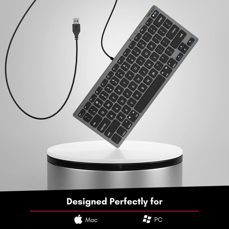 Macally Small USB Wired Keyboard for Mac and Windows - 78 Scissor Keys, 13 Shortcut Compatible Apple Keyboard - Mini Compact USB Computer Keyboard That Saves Space and Looks Great - Space Grey Space Gray