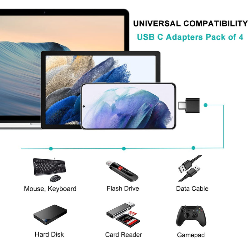 USB C to USB Adapter (4 Pack), USB Female to USB Type-C Male OTG Adapter Compatible with MacBook Pro, Samsung Galaxy, Type-C Phones, Laptops, Tablets and More (2 Black and 2 White)