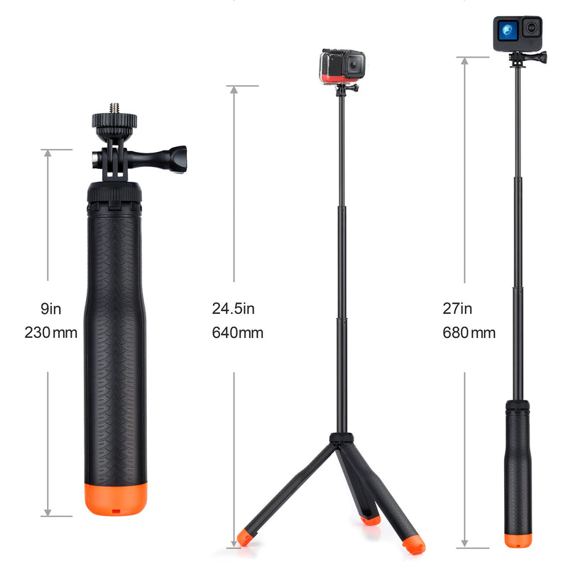 GEPULY Waterproof Telescopic Selfie Stick Floating Hand Grip Tripod for GoPro Hero 10 9 8 7 6 5 4 3 2, Fusion, Max, OSMO and Most Action Cameras - Features as Floating Pole, Hand Grip, Monopod, Tripod Floating Tripod Pole for Action Camera