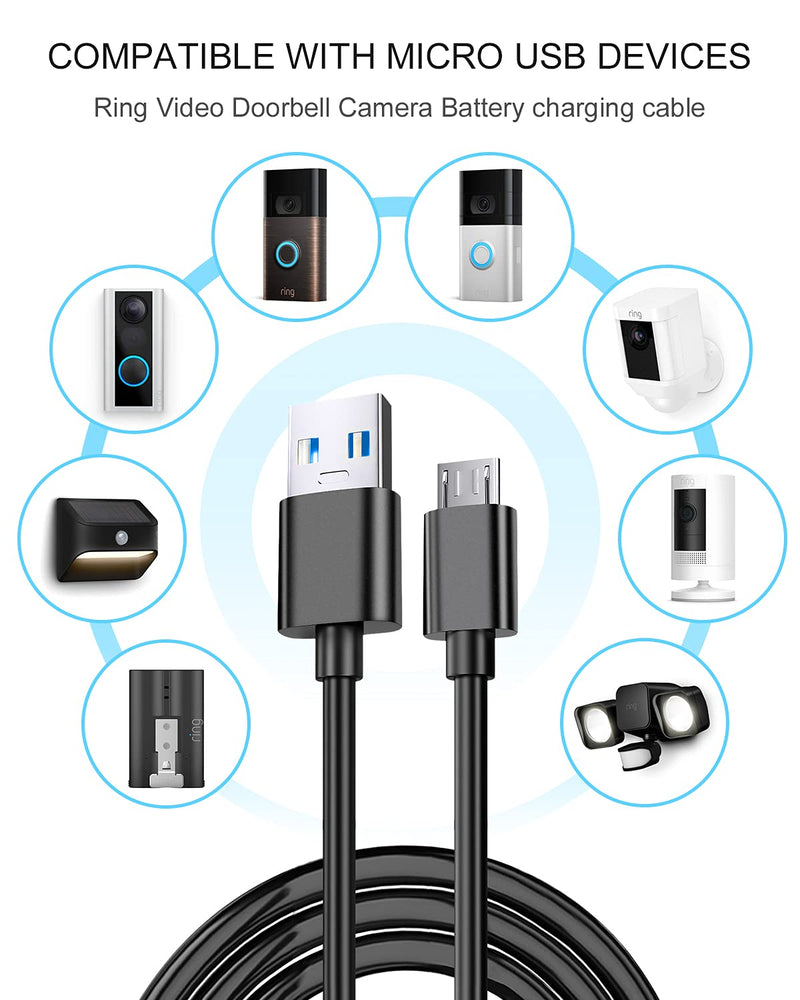 Micro USB Charger Charging Cable Cord Compatible for Ring Wi-Fi Enabled Video Doorbell (2020 Release) 2/3/3 Plus/4, Peephole Cam, Camera Battery Spotlight Cam Battery Solar Battery Power Cable Black