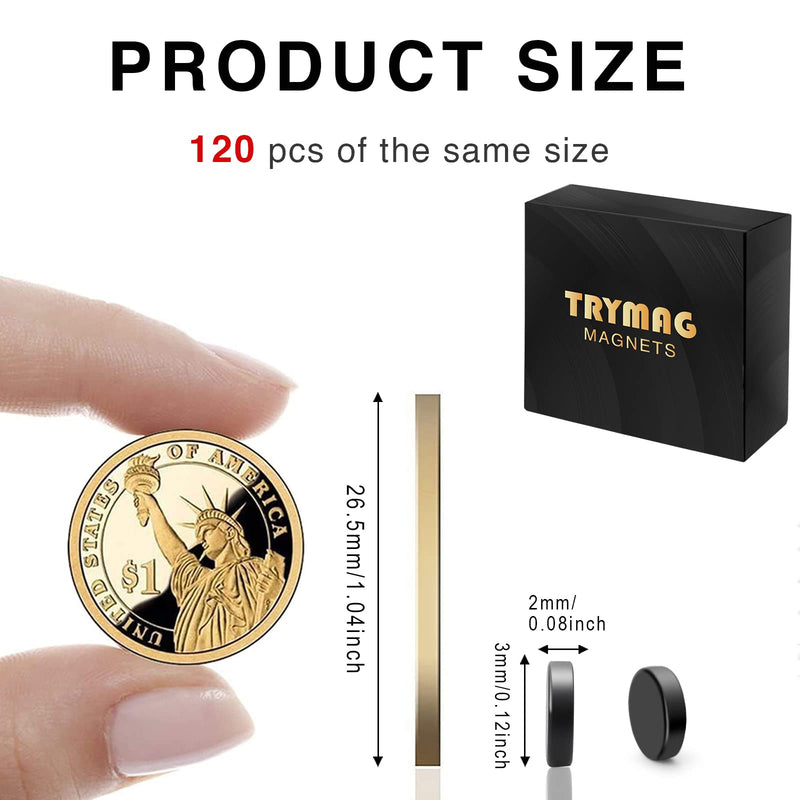 TRYMAG Miniature Magnets 120 Pcs, 3x2mm Tiny Magnets Small Black Round Neodymium Disc Magnets Mini Rare Earth Magnets for Fridge, Crafts, Whiteboard, DIY, Science A6：3x2mm 120Pcs-Black