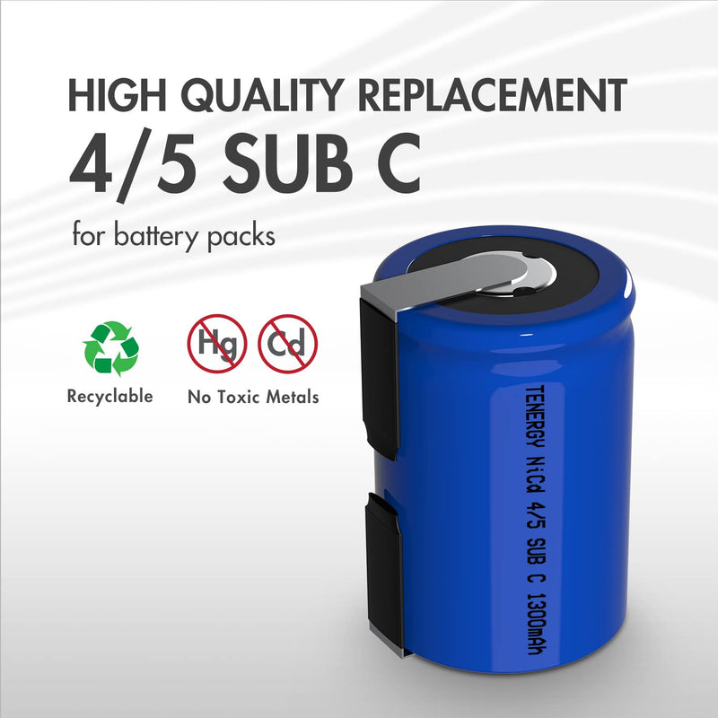 Tenergy 4/5 SubC 1300mAh NiCD Rechargeable Batteries with Tabs, 15 Pack