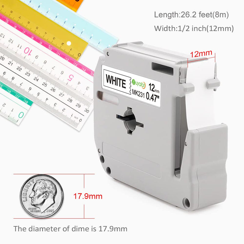 Buyalot 6-Pack M-K231 PTM95 P Touch Label Tape Replacement for Brother M Tape M231 M-231 M-K231S 12mm 0.47 White Work with Brother P-Touch PT-M95 PT-70BM PT-45 PT-65 PT-80 PT-70 PT-90 PT-85, 26.2 Feet