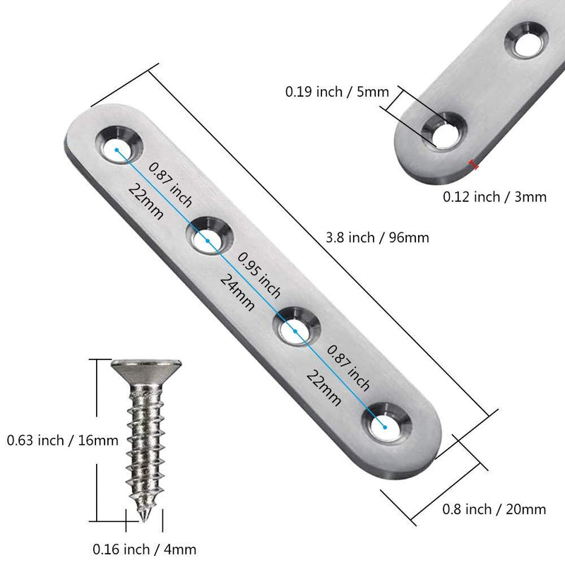 YEWLACA 8 Pack Flat Straight Brace Brackets 4 Inch Stainless Steel Mending Plates Repair Fixing Brackets Heavy Duty Straight Repair Joining Plates with Screws