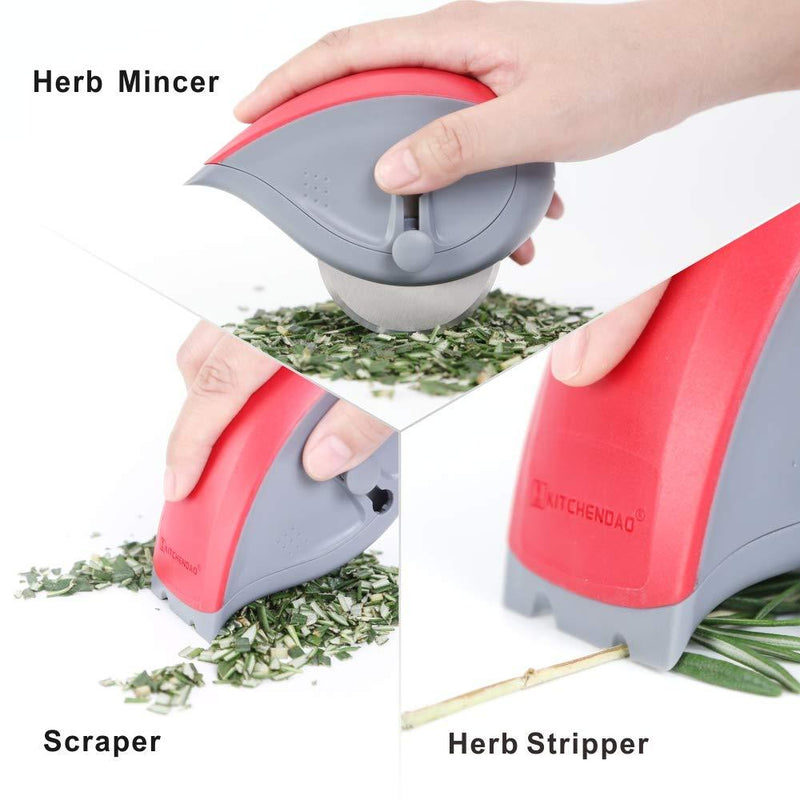 3-in-1 Herb Mincer-Roller Cutter, Leaf Stripper, Scraper- Retractable Blade for Safe Storage, Detachable for Easy Cleaning, 4 Sharp Stainless Steel Blades, Soft-touch Handle - by KITCHENDAO Herb Mincer-red